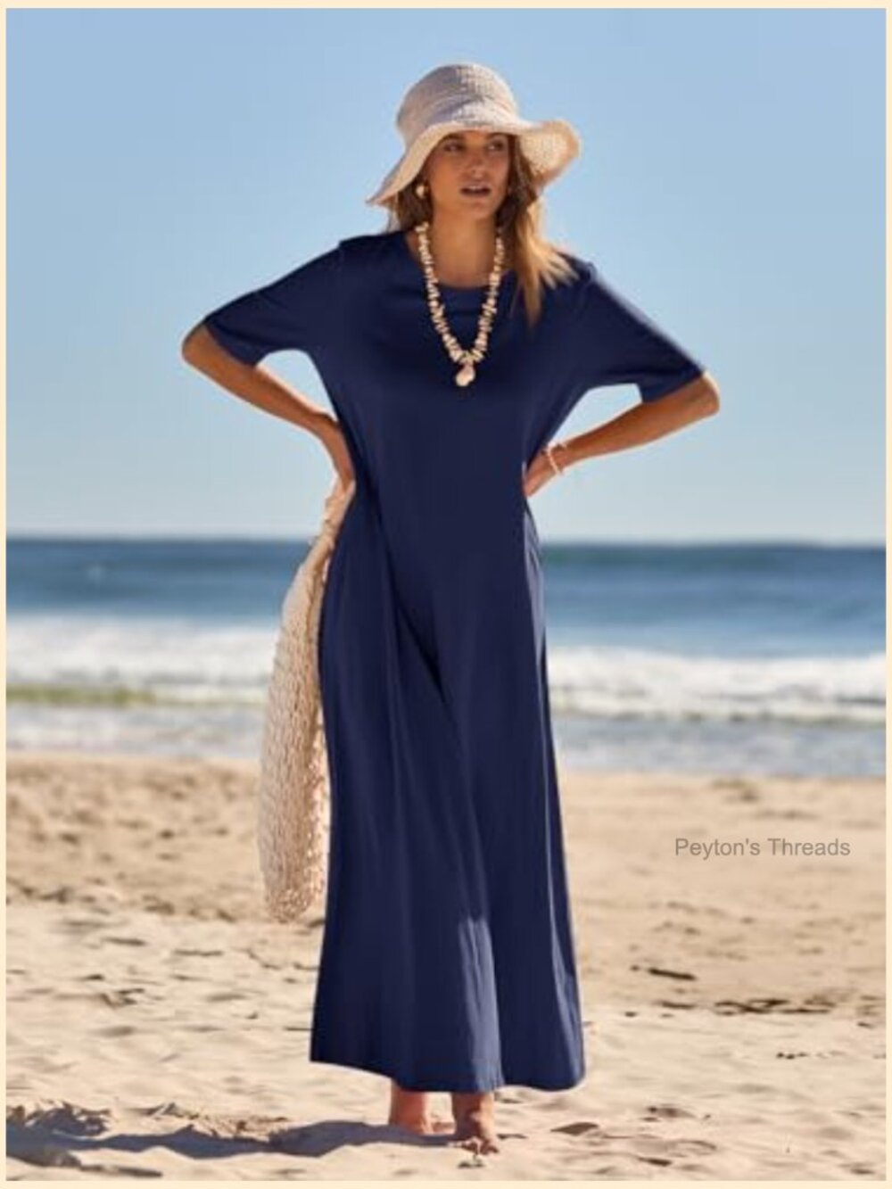 Summer Casual Maxi Dress with Pockets Crew Neck Short Sleeve Modest Long T - Picture 3 of 7